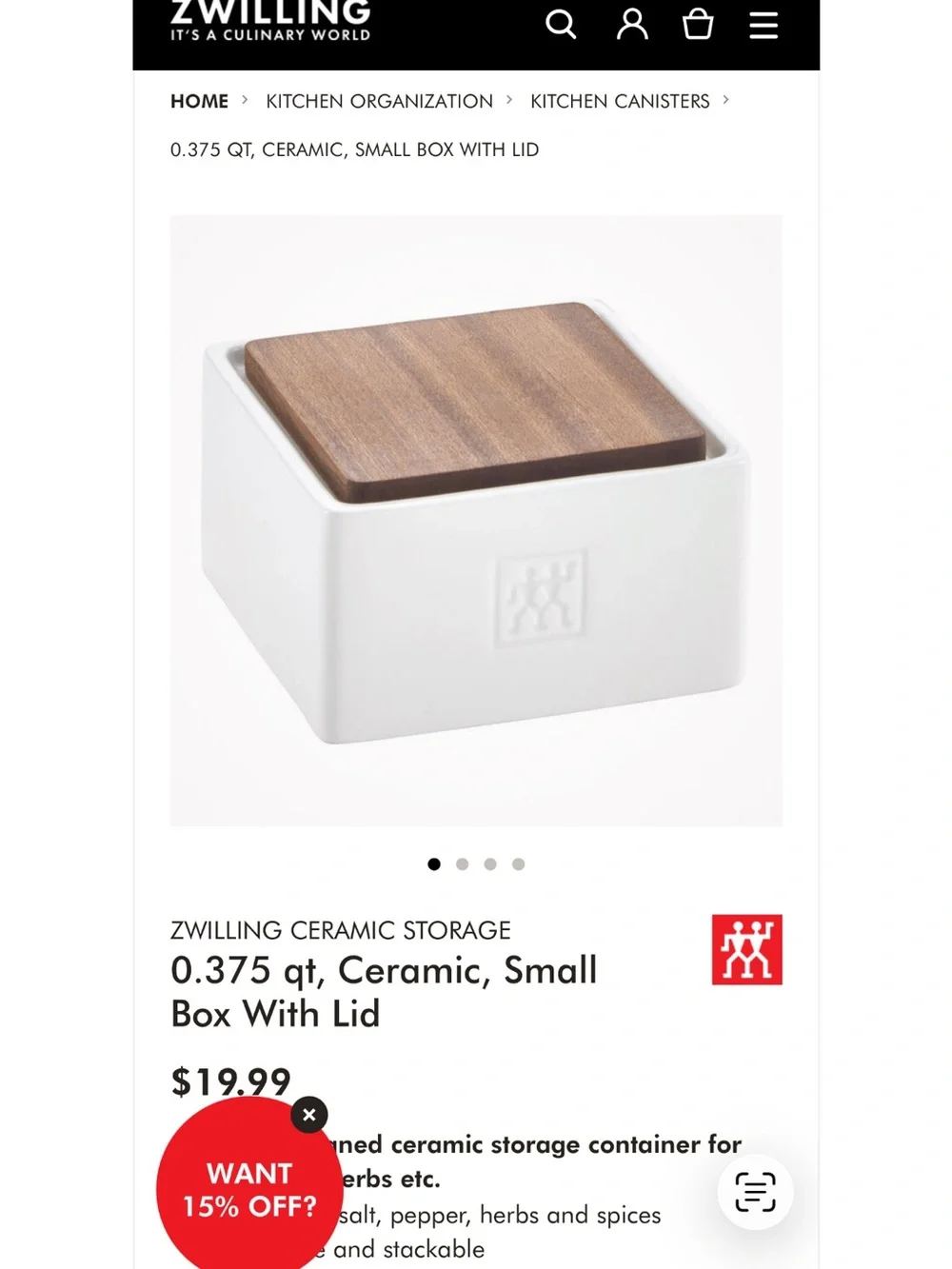 Zwilling white ceramic storage box with brown wooden top
